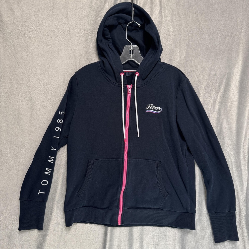 Tommy Hilfiger Hoodie Womens Large Navy Blue Pink Zip Sweatshirt Tommy 1985
